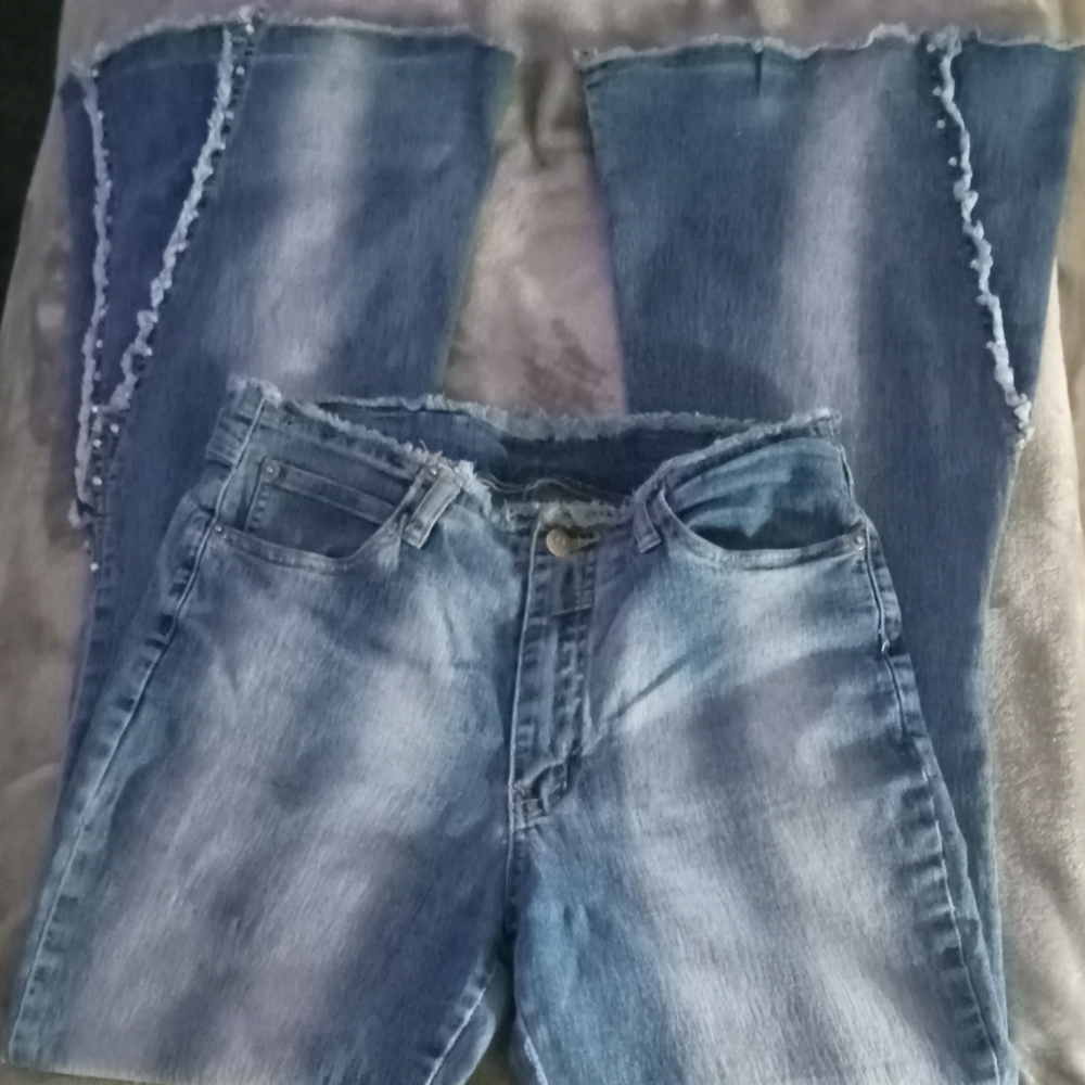 Vintage Miss Erika Bell Bottom / Flared Jeans With Fringe And Rhinestone Size 7